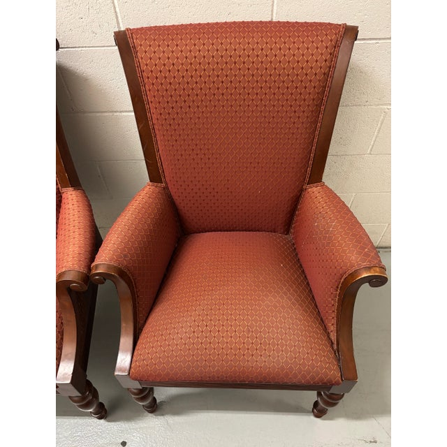 Burgundy Pair of Ethan Allen Contemporary Italian Provincial Red Upholstered Dining Arm Chairs With Rattan Woven Back & Sides For Sale - Image 8 of 10