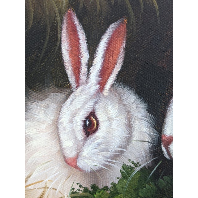 Wood Vintage Rabbit Oil Painting in Brown, Cream & Green With Carved Gilt Wood Frame For Sale - Image 7 of 14