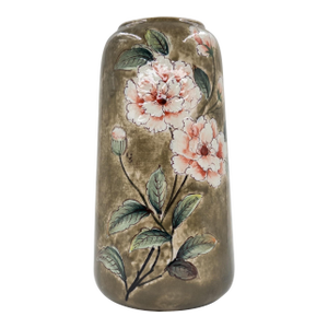 Mid 20th Century Bat Trang Stoneware Vase With Hand-Painted Coral Blossoms and Earth-Tone Glaze