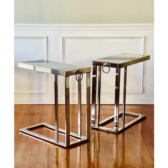 20th Century Flat Bar Chrome and Black Marble Top Cantilever Side Tables, Pair For Sale - Image 10 of 10