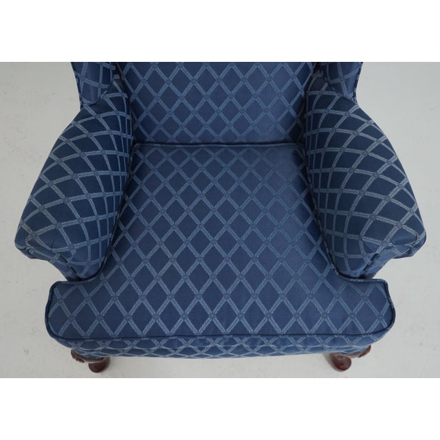 Wood Broyhill Roll Arm Blue Upholstered Wing Chair For Sale - Image 7 of 18