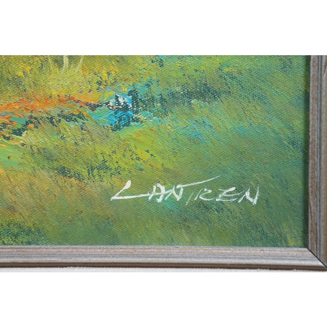 Blue Vintage Lantren Forest Lake Mountain Landscape Oil Painting 32" For Sale - Image 8 of 10