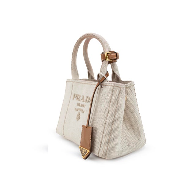 Modern Prada Jardinière Natural Cotton Canvas Leather Trim Mini Handbag For Sale - Image 3 of 13