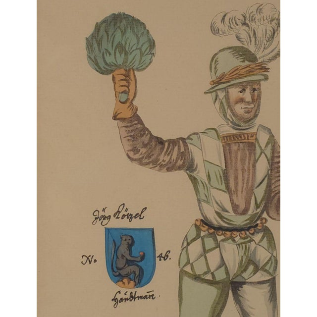 Renaissance 18th-Century Hand-Colored Engraving of Renaissance Soldier, Probably Germanv For Sale - Image 3 of 5