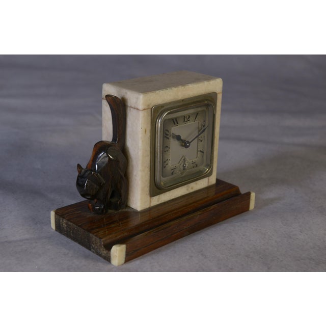Black Art Deco Macassar Ebony and Marble Alarm Clock with Small Ebony Cat from Bayart, 1930s For Sale - Image 8 of 10