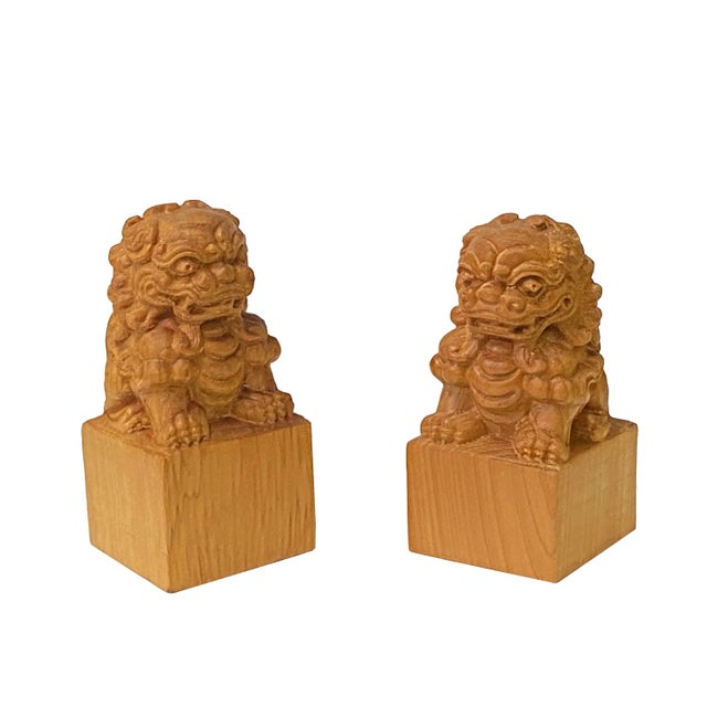 Chinese Pair Wood Carved Mini Foo Dogs Lions FengShui Figures For Sale In San Francisco - Image 6 of 6