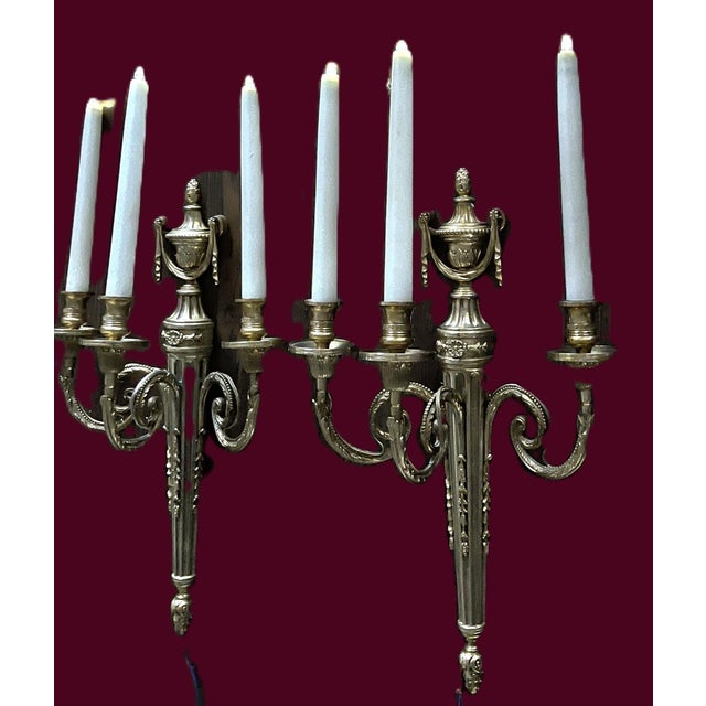 Large French Louis XVI Style Bronze Three-Arm Wall Sconces, 1950s, Set of 2 For Sale - Image 11 of 18