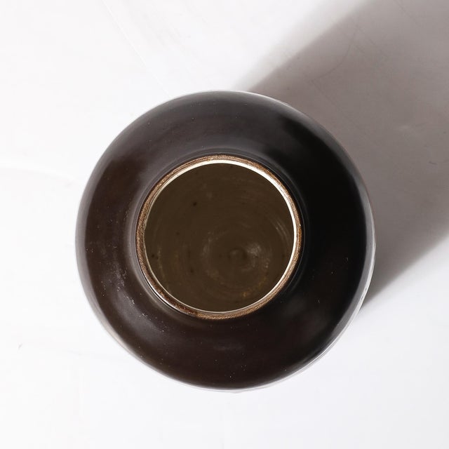 Burnt Umber Mid-Century Ceramic Vase in Burnt Umber W/ Yellow & Orange Details by Aldo Londi For Sale - Image 8 of 14