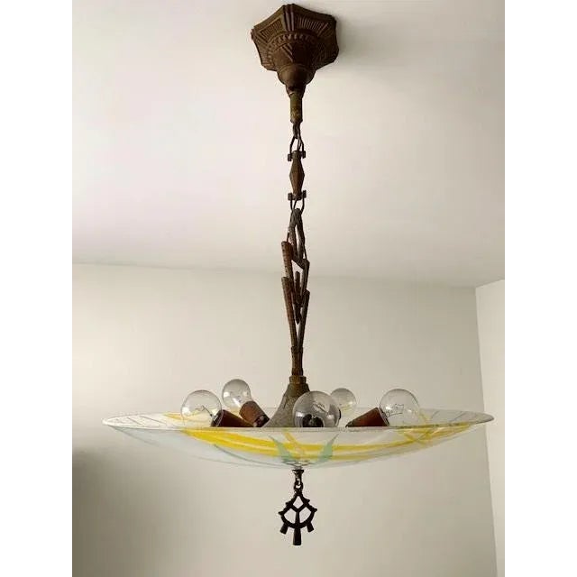 Mid 20th Century Art Deco Glass Pendant Chandelier Handcrafted Original Vintage For Sale - Image 5 of 7
