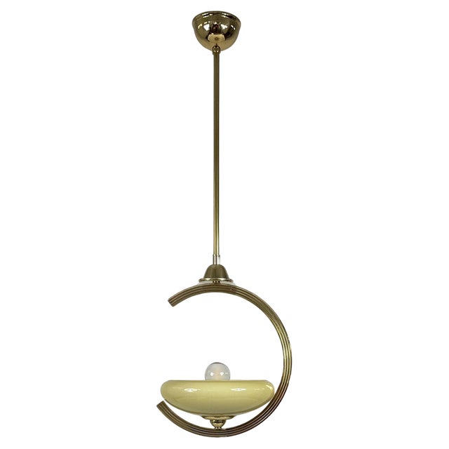 Art Deco Brass & Opaline Glass Pendant, Sweden, 1940s For Sale