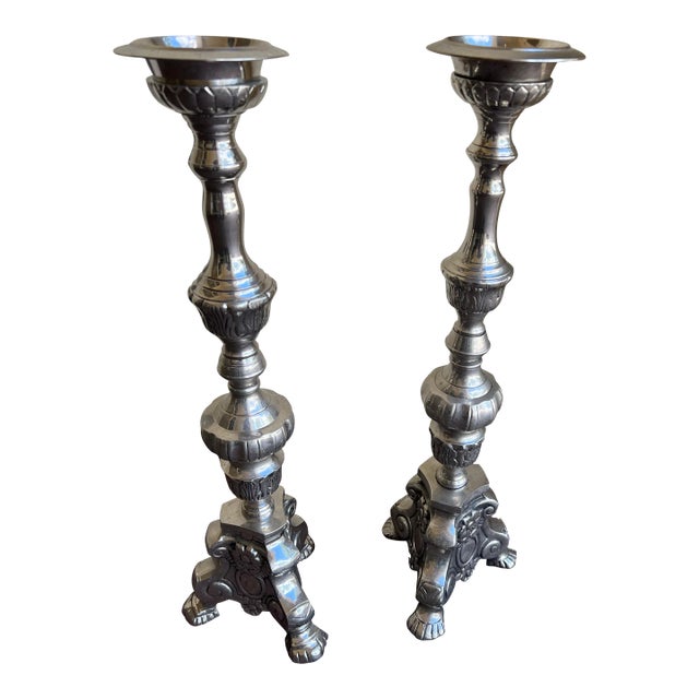 Antique Italian Crome Bronze Candlestick- a Pair For Sale