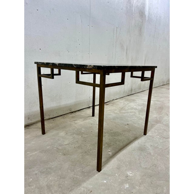 Hollywood Regency Greek Key Square Dining or Game Table Geometric Brass Base For Sale In New York - Image 6 of 8