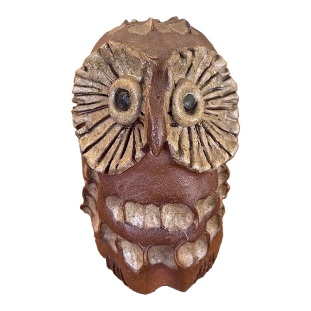 Mid-Century Handcrafted Studio Pottery Owl Sculpture With Textured Glaze For Sale