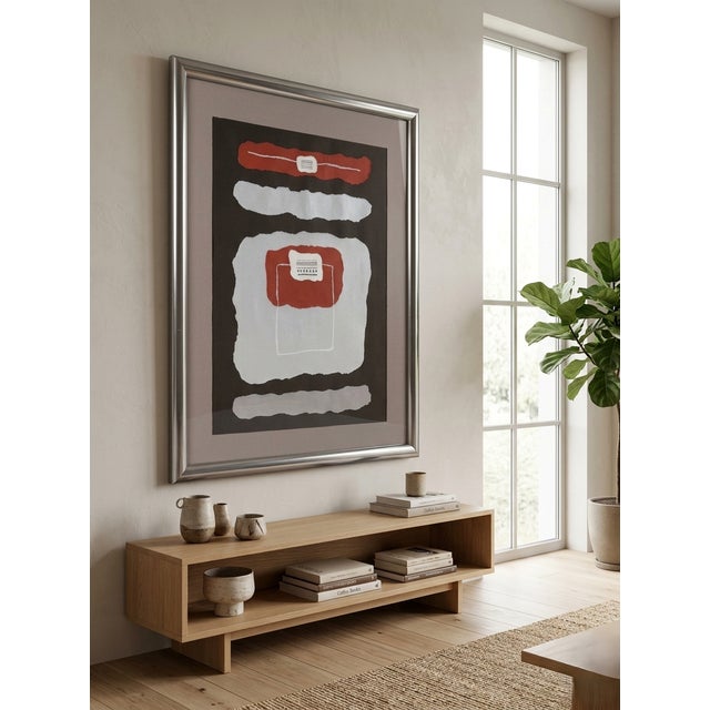 Striking vintage abstract mixed-media artwork featuring a graphic composition of layered, deckle-edged paper elements...