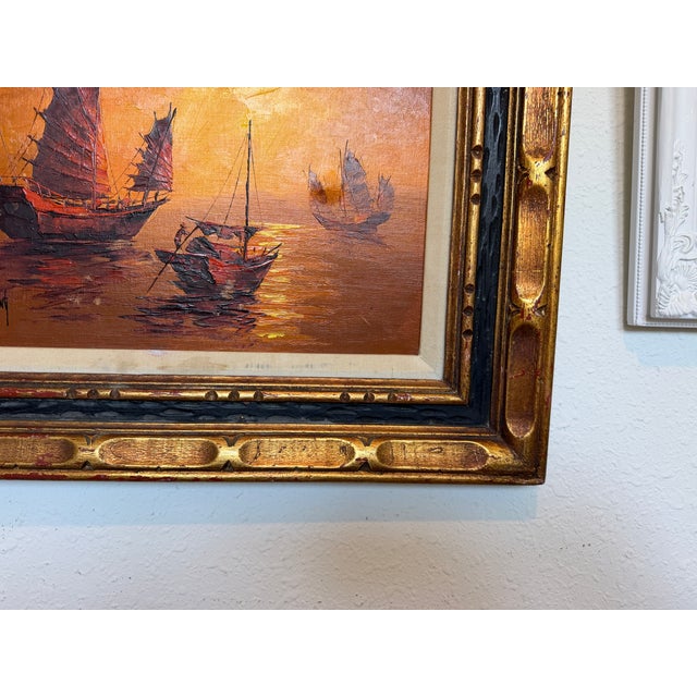 Burnt Orange Vintage Chinese Junk Boats Sunset Oil Painting Signed Young Asian Seascape Frame For Sale - Image 8 of 11