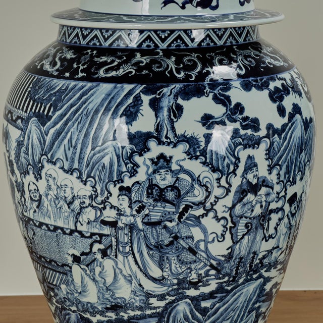 Pair of Chinese Blue and White Porcelain Palace Urns For Sale - Image 16 of 18