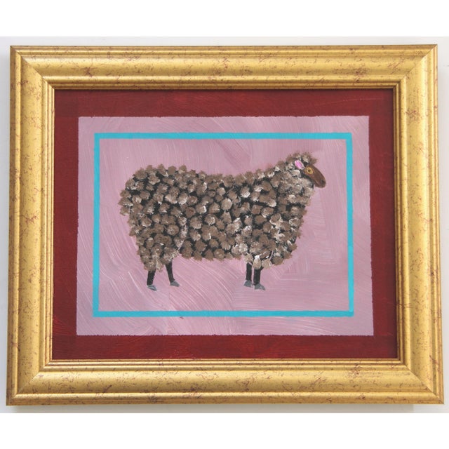 Contemporary Sheep Ram Minimalism Folk Art Black Brown Gray Original Oil Painting by Cleo Plowden For Sale - Image 3 of 7