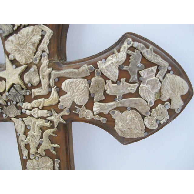 Mexican Milagros Sacred Amulet Charms Large Mexican Folk Art Wooden Wall Cross For Sale - Image 3 of 8