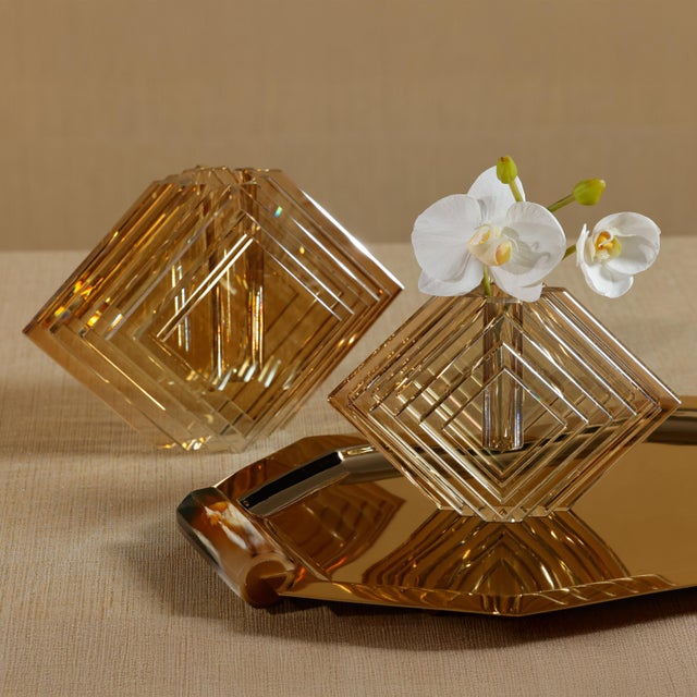 Diamond Geometric Crystal Glass Vase, Small, Amber For Sale - Image 4 of 4