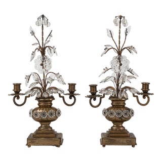 Pair of Early 20th C. Crystal Flower Brass Candelabras French Style, For Sale