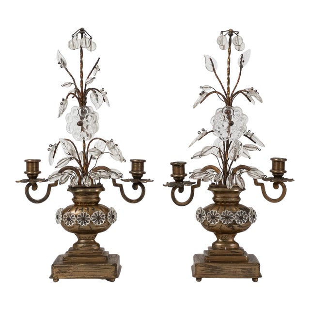 Pair of Early 20th C. Crystal Flower Brass Candelabras French Style, For Sale