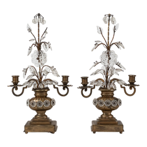Pair of Early 20th C. Crystal Flower Brass Candelabras French Style,
