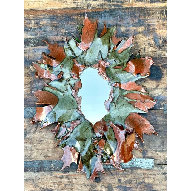 Late 20th Century Vintage Boho Original Slab Built Studio Pottery Leaves Mirror For Sale - Image 5 of 12