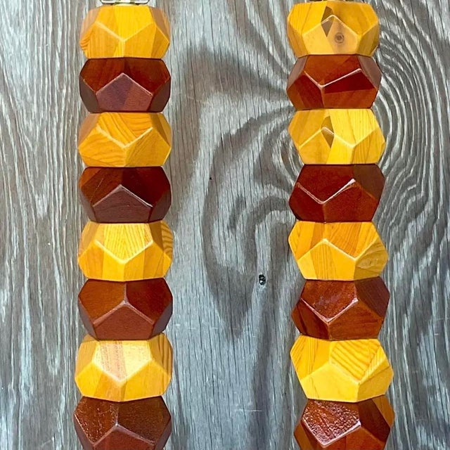 Vintage Boho Stacked Faceted Wood Block Lamps - a Pair For Sale - Image 11 of 13