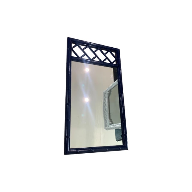 Vintage Faux Bamboo Navy Blue Chinoiserie Chippendale Palm Beach Wall Mirrors Pair For Sale In Naples, FL - Image 6 of 9