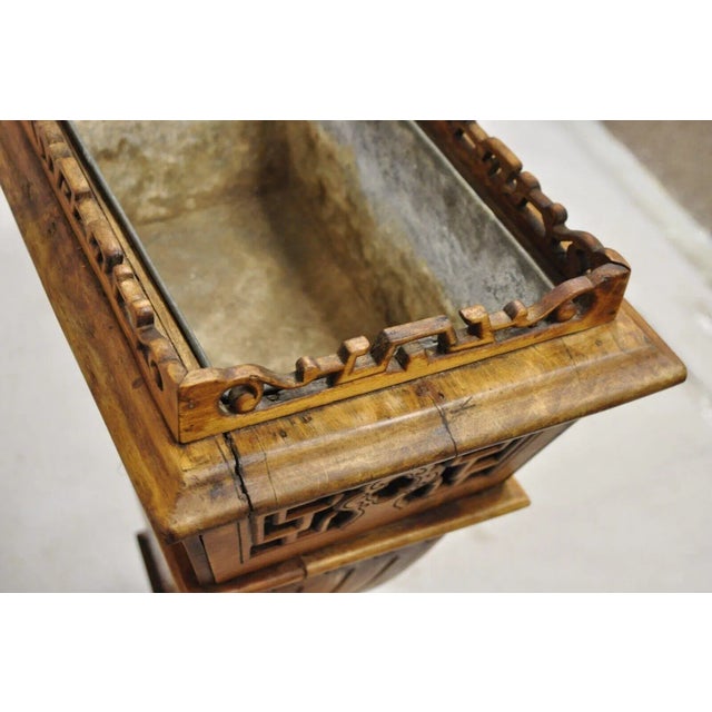 Brown Vintage Carved Teak Wood Fretwork Figural Cornucopia Chinese Plant Stand Planter For Sale - Image 8 of 11