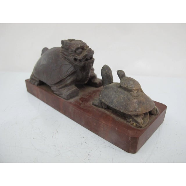 Chinese Chinese Carved Brown Stone Dragon Turtle Facing Mother & Baby Figurine on Base For Sale - Image 3 of 7