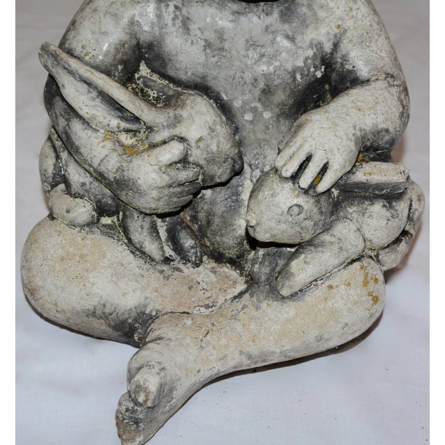 Traditional Midcentury Concrete Statue of Baby Holding Bunnies For Sale - Image 3 of 10