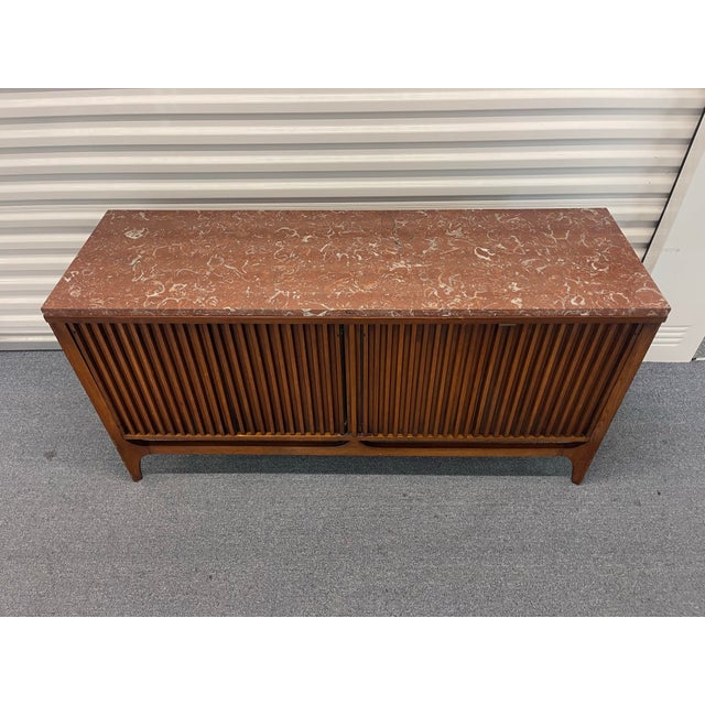 1960s Broyhill Brasilia Fluted Walnut Room Divider / Credenza With Marble Top, Vintage 1960s, McM, Mid Century Modern For Sale - Image 5 of 12