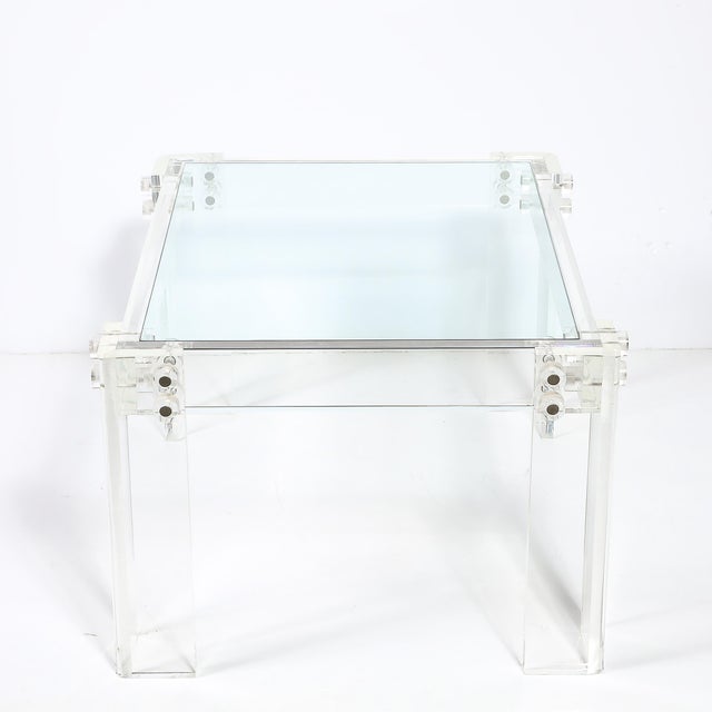 Pair of Mid-Century Modernist Rectilinear Lucite & Glass Side/End Tables For Sale - Image 9 of 18