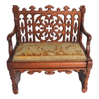 Antique French Gothic Revival Wood Hall Bench, 1880s For Sale