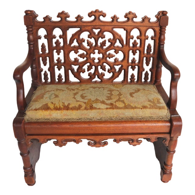 Antique French Gothic Revival Wood Hall Bench, 1880s For Sale
