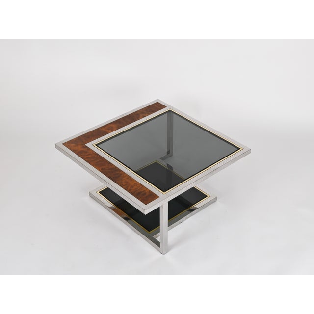 Wood Coffee Table in Chrome, Brass, Burl Wood, and Smoked Glass, Italy, 1970s For Sale - Image 7 of 16