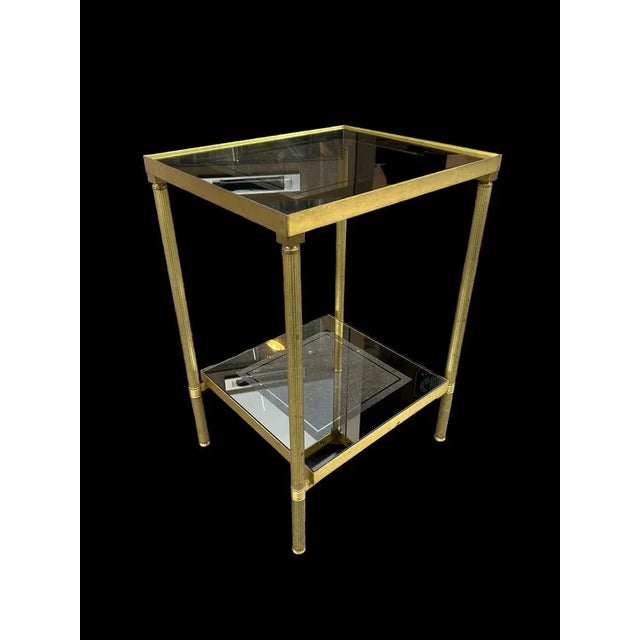 Brass table from the 70s with double smoked glass and mirror tray original state and patina