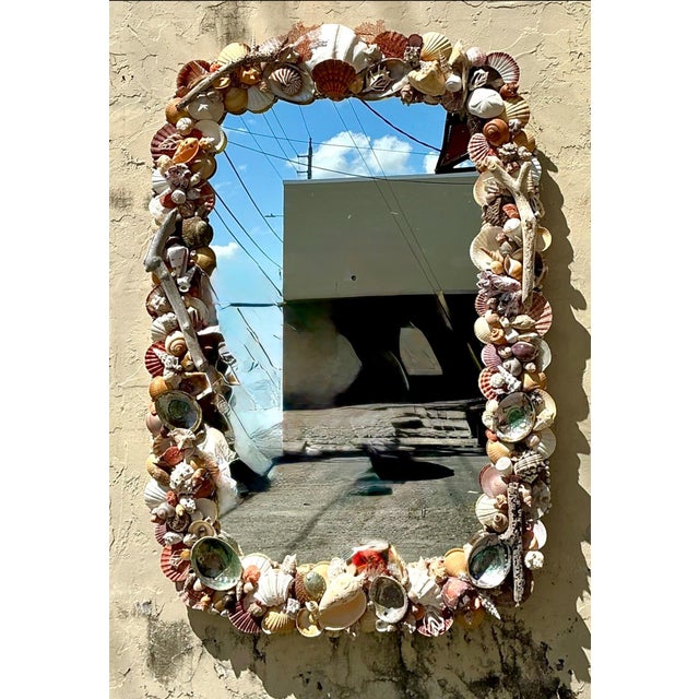 Celebrate the artistry of nature with this exceptional vintage shell-encrusted wall mirror, a striking statement piece...