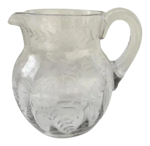 19th Century Etched Glass Water Pitcher with Applied Handle