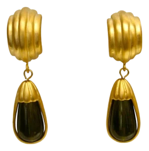 Givenchy 1980s Vintage Gorgeous Matte Gold Carved Celadon Glass Drop Earrings, 2 Pieces