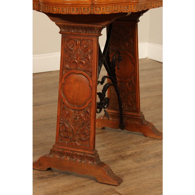 Antique Spanish Revival Carved Oak And Forged Iron Trestle Side Table For Sale - Image 9 of 14