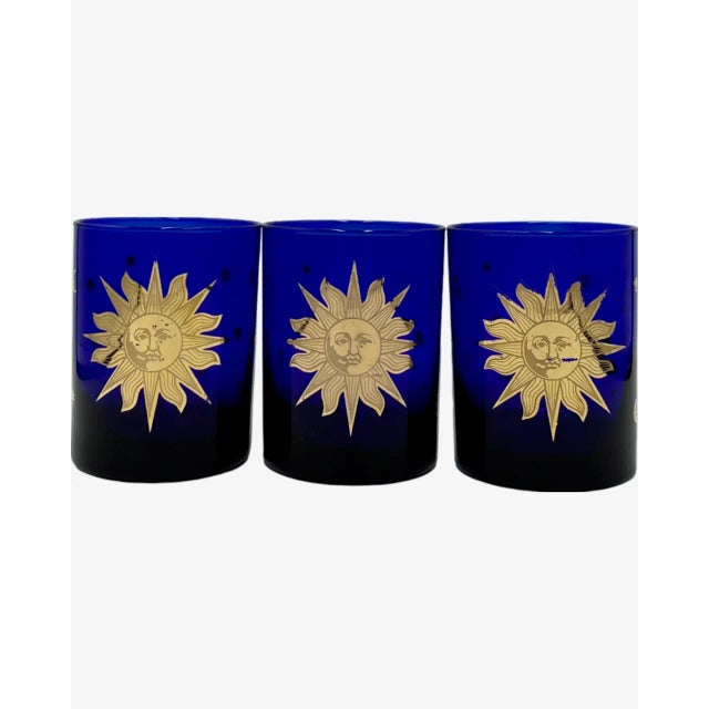 Vintage Set of 3 Culver Blue Celestial Sun Stars Moon Tumbler Cocktail Glasses For Sale - Image 12 of 12