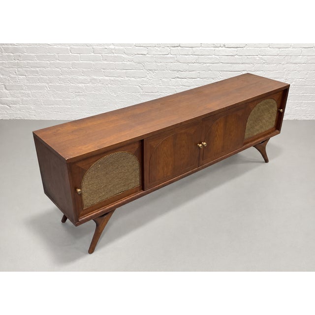Long + Low Mid Century Modern Walnut and Cane Credenza | Sculptural Kagan Style Wishbone Leg Sideboard, C. 1960's For Sale - Image 11 of 15