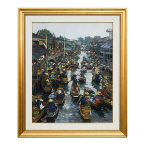 Original Oil on Canvas Thai Impressionist River Marketplace by Patamares Livisit