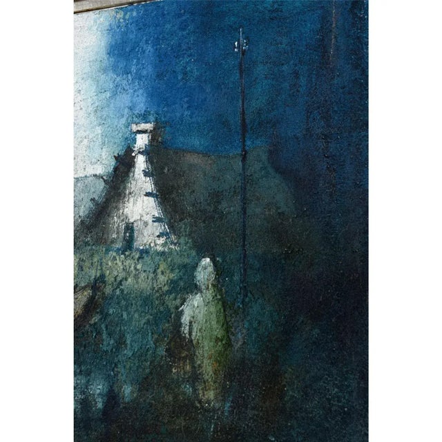 Blue Expressionist Rustic European Blue White and Teal Village Landscape Painting With Boat For Sale - Image 8 of 16