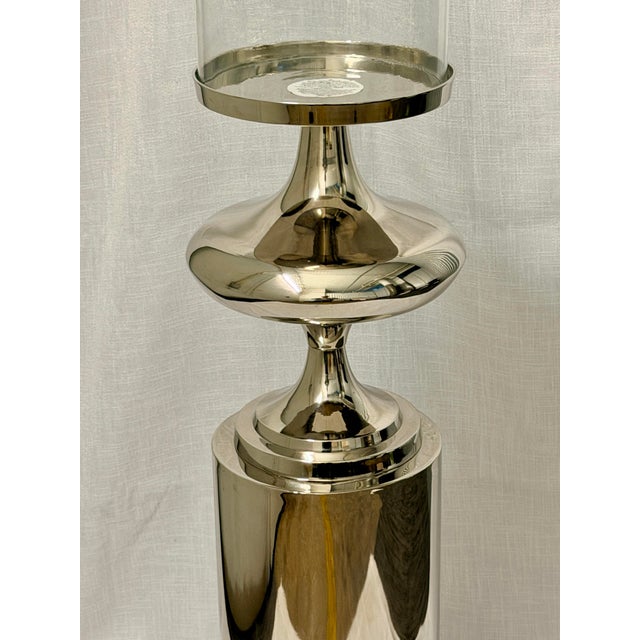 Art Deco Tall Nickel-Plated Metal & Clear Glass Candle Stand | 49” Floor Hurricane Candle Holder For Sale - Image 3 of 5
