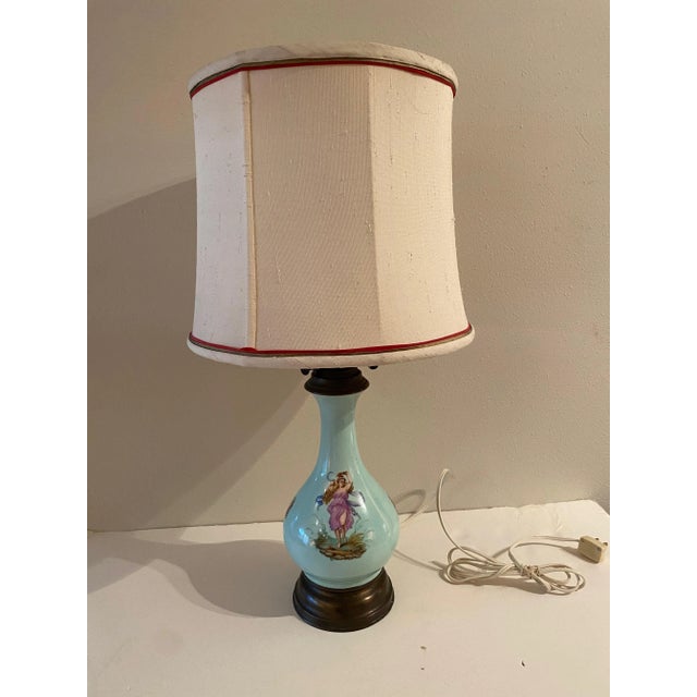19th Century Electrified Oil Burner Porcelain Lamp Decorated With Polychrome Transfer Print With Handmade Silk Shade For Sale - Image 4 of 13