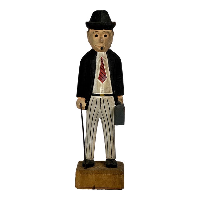 1930s Folk Art Carving of a Dressed Gentleman With Cane, Case, & Cigar in Mouth For Sale