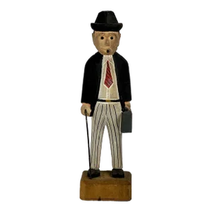 1930s Folk Art Carving of a Dressed Gentleman With Cane, Case, & Cigar in Mouth